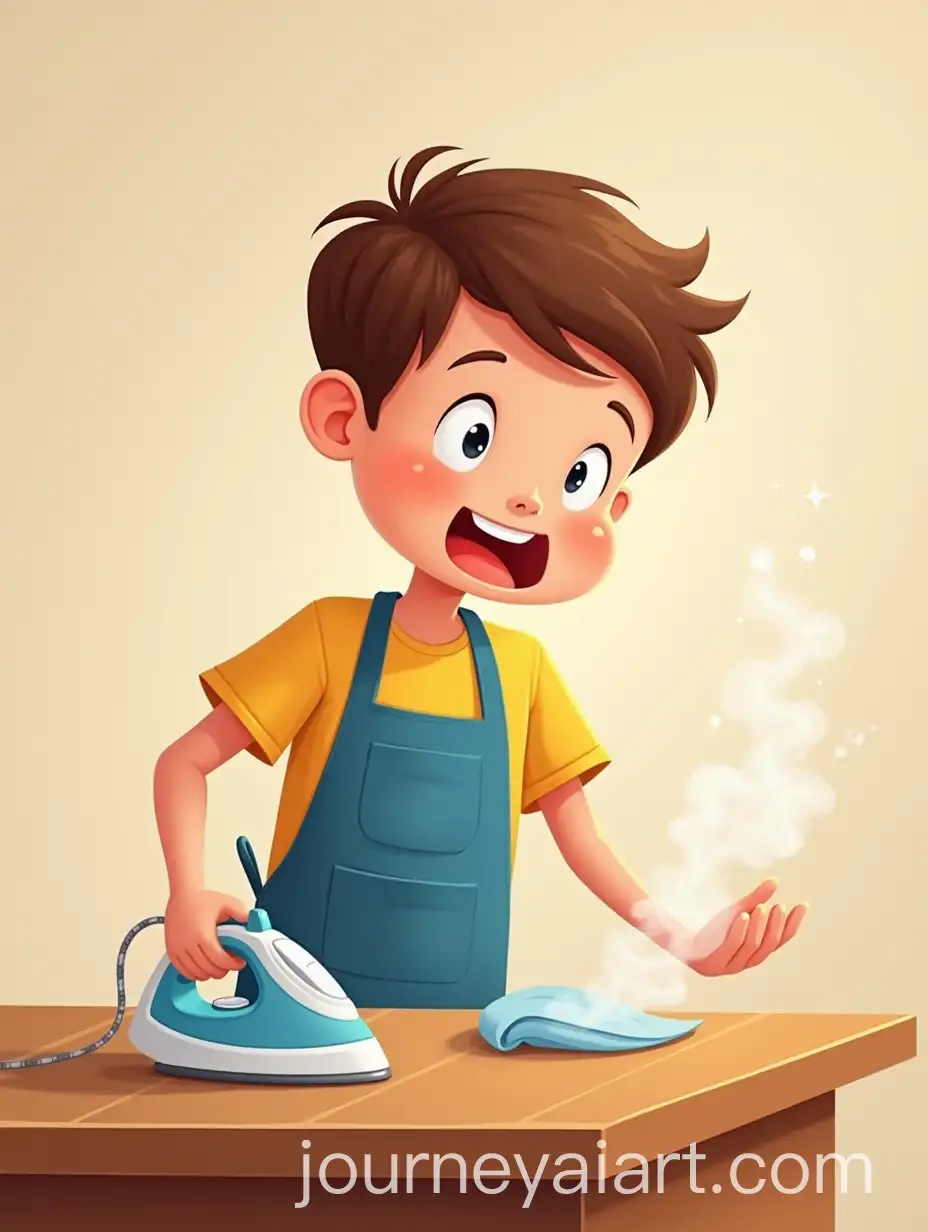 Caucasian-Boy-Smiling-While-Ironing-a-Wooden-Table-in-Cartoon-Style