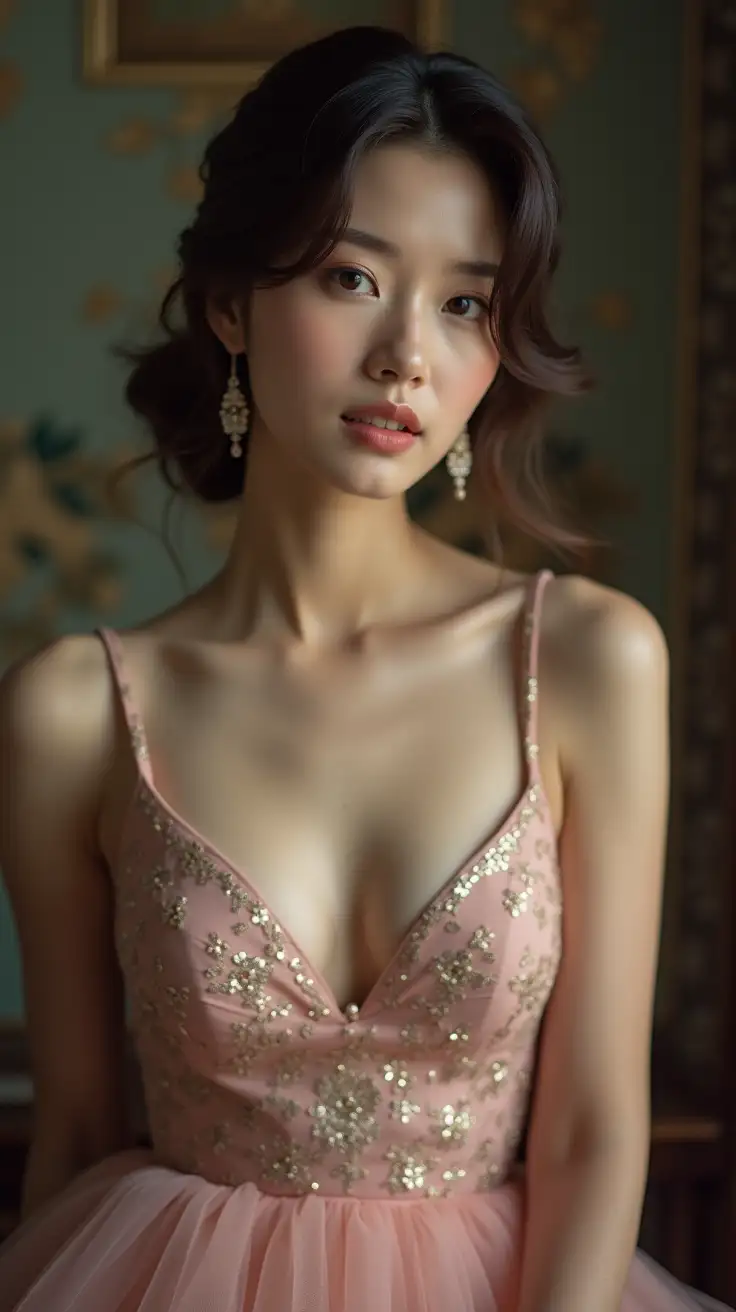 Busty-Korean-Lady-in-elegant dress-deep cleavage-Poses-Portrait-hasselblad-photo