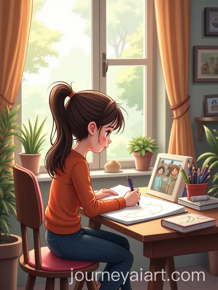Cartoon-of-Girl-Drawing-a-Sketch-at-a-Desk-in-a-Study-Room