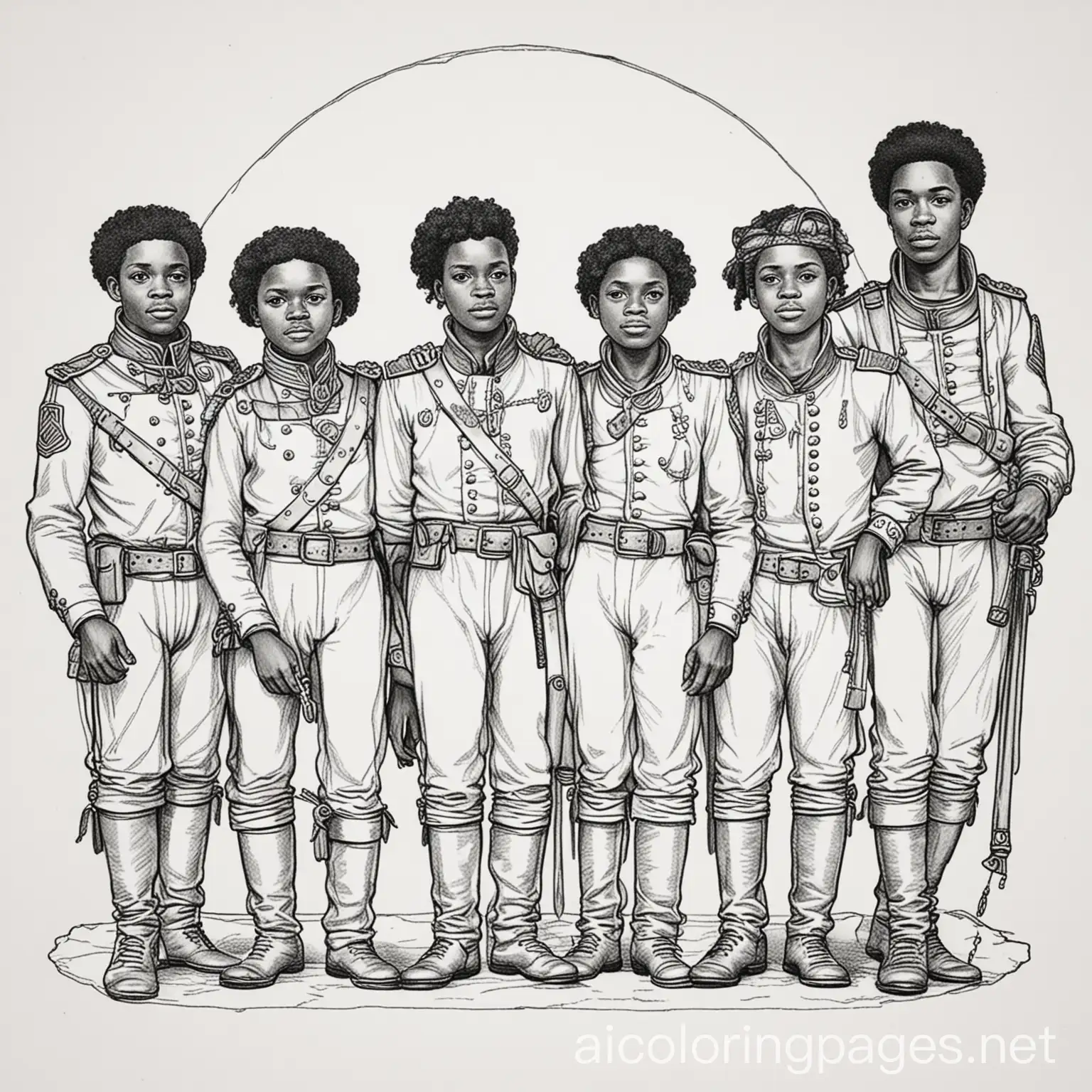 york black slave corps of discovery, Coloring Page, black and white, line art, white background, Simplicity, Ample White Space. The background of the coloring page is plain white to make it easy for young children to color within the lines. The outlines of all the subjects are easy to distinguish, making it simple for kids to color without too much difficulty