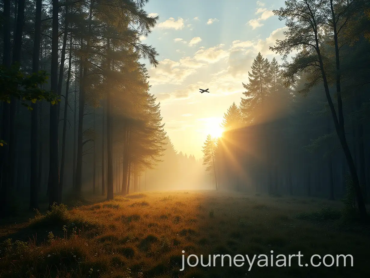 Morning-Forest-Sky-View-with-Flying-Planes-and-Sunlight