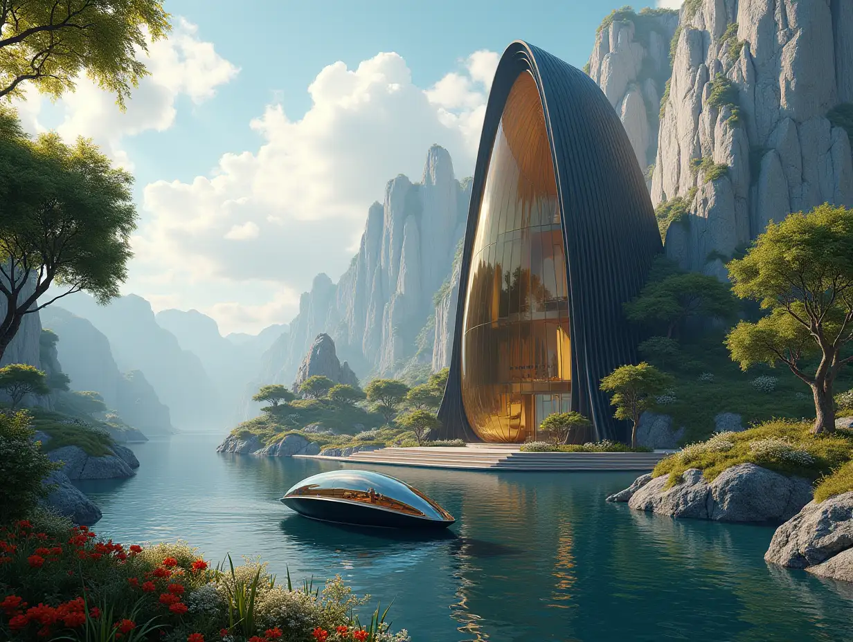 Create a high-resolution realistic image in 4k resolution, a futuristic gold and black building with curved columns, mountains, big trees, rocks, flowers, a futuristic glass boat with glass windows, a cloudy sky