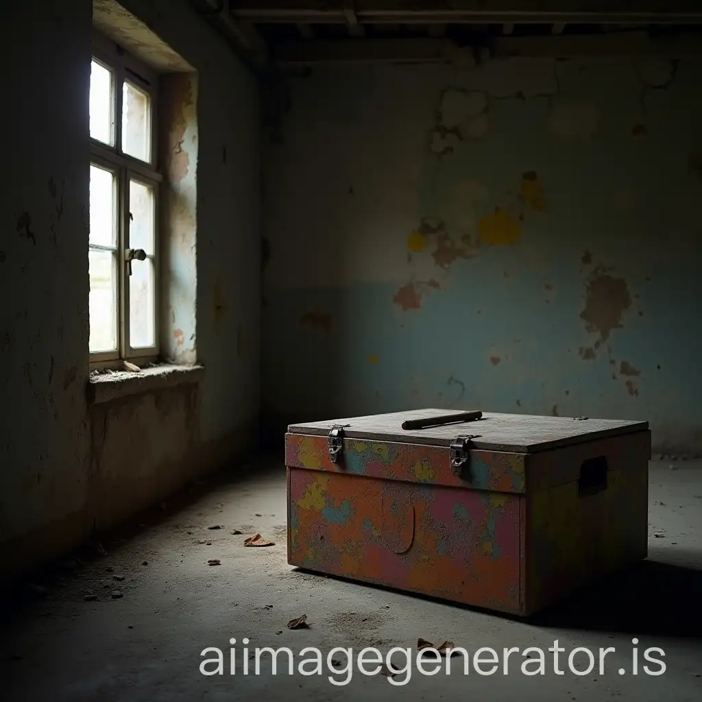 Colorful-Patterned-Box-in-Dark-Dusty-Concrete-Room-with-Soft-Lighting