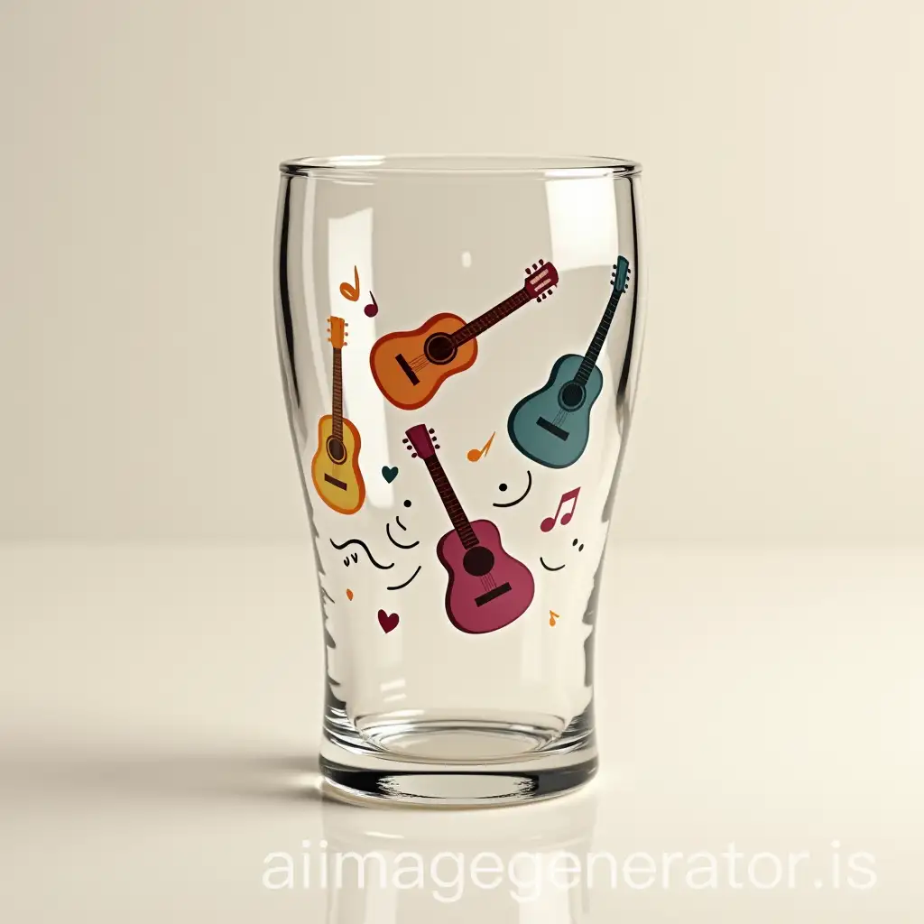 Create a realistic mockup of an empty classic transparent beer glass (pint glass), made of clear thick glass. The glass should feature a creative, artistic design made of hand-drawn-style lines and shapes inspired by the Chilean musical duo Los Vásquez. The design should incorporate abstract or symbolic elements that evoke their musical and visual identity — such as guitar silhouettes, sound waves, hearts, or folkloric patterns — but in a clean, modern way. Use the following color palette for the artwork: #8b1e3f (burgundy), #00aaa1 (teal), #ba006f (magenta), #ffa905 (orange), and #f1e3bc (light cream). Keep the background neutral and the lighting soft, with the glass centered and ready for showcasing.