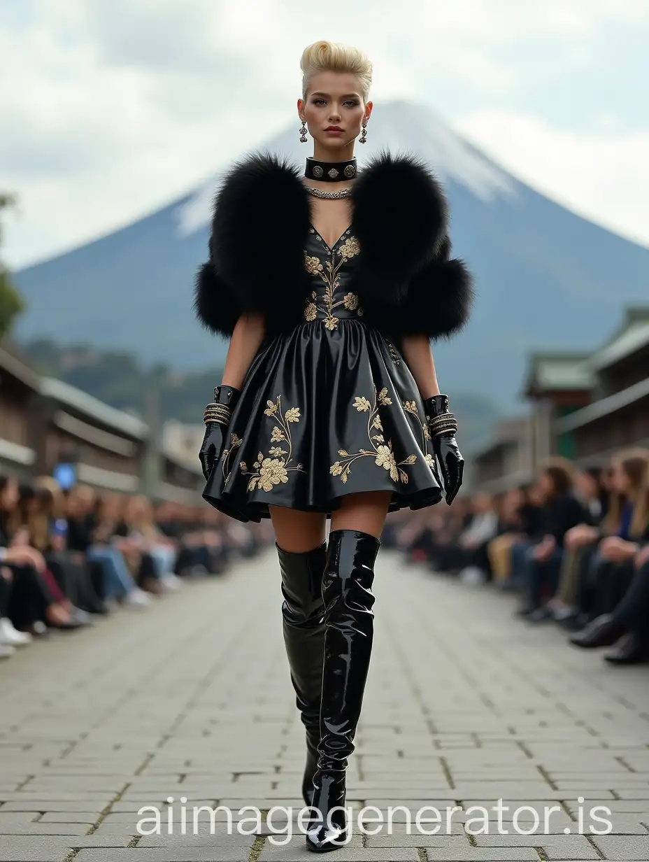 Blond-Japanese-Model-in-Dandy-Fashion-with-Black-Leather-Dress-on-Catwalk-in-Front-of-Mount-Fuji