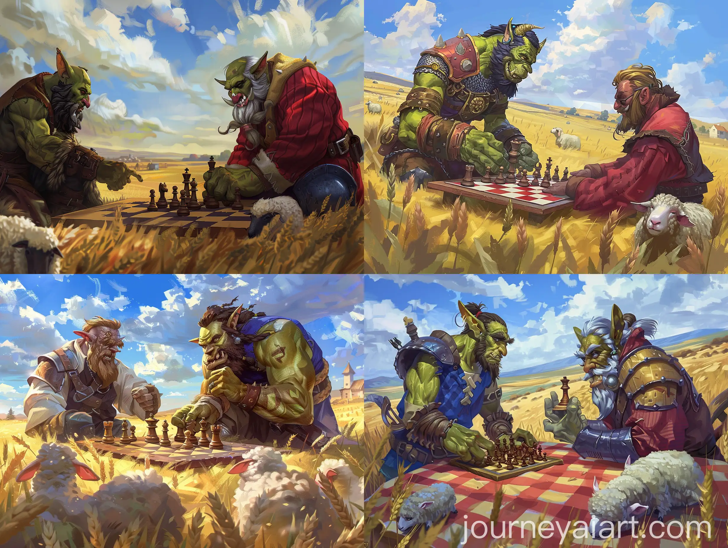 Fantasy-Illustration-of-Orc-and-Human-Farmer-Playing-Chess-in-Wheat-Field