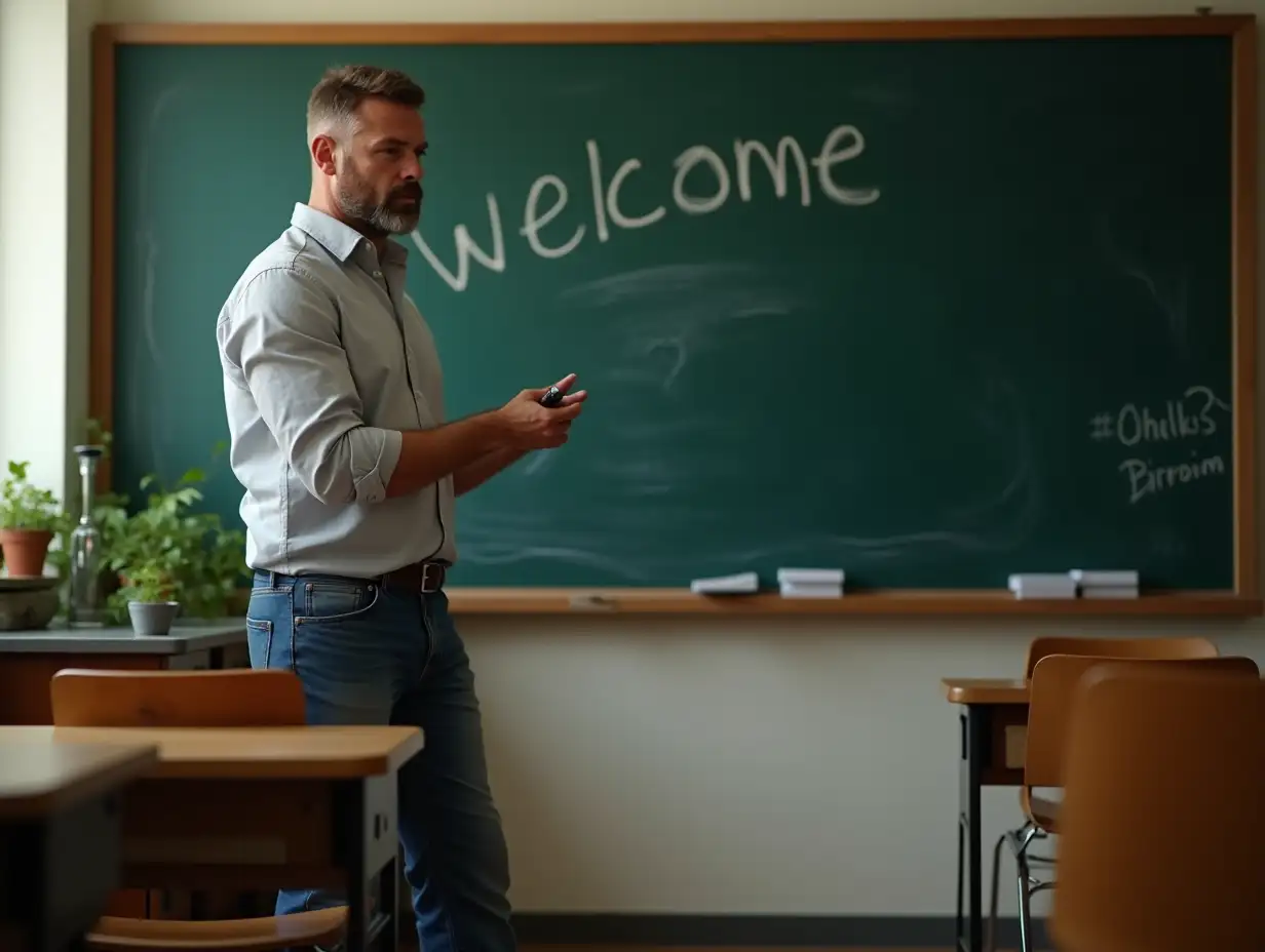 Muscular-MiddleAged-Teacher-with-RolledUp-Sleeves-Teaching-in-a-Bright-Classroom