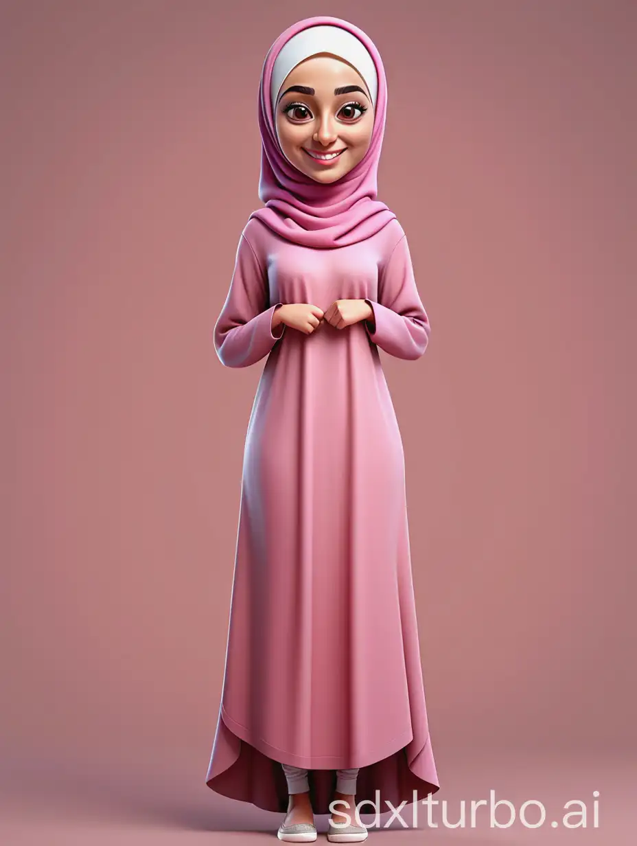 Create a Realistic cartoon style 3D caricature of a full body with a large head. Slim body, 23 year old woman. using a hijab, oval face, thin eyebrows, narrow eyes, sharp nose, smile with a thin open mouth. Wearing a pink moslem dress.