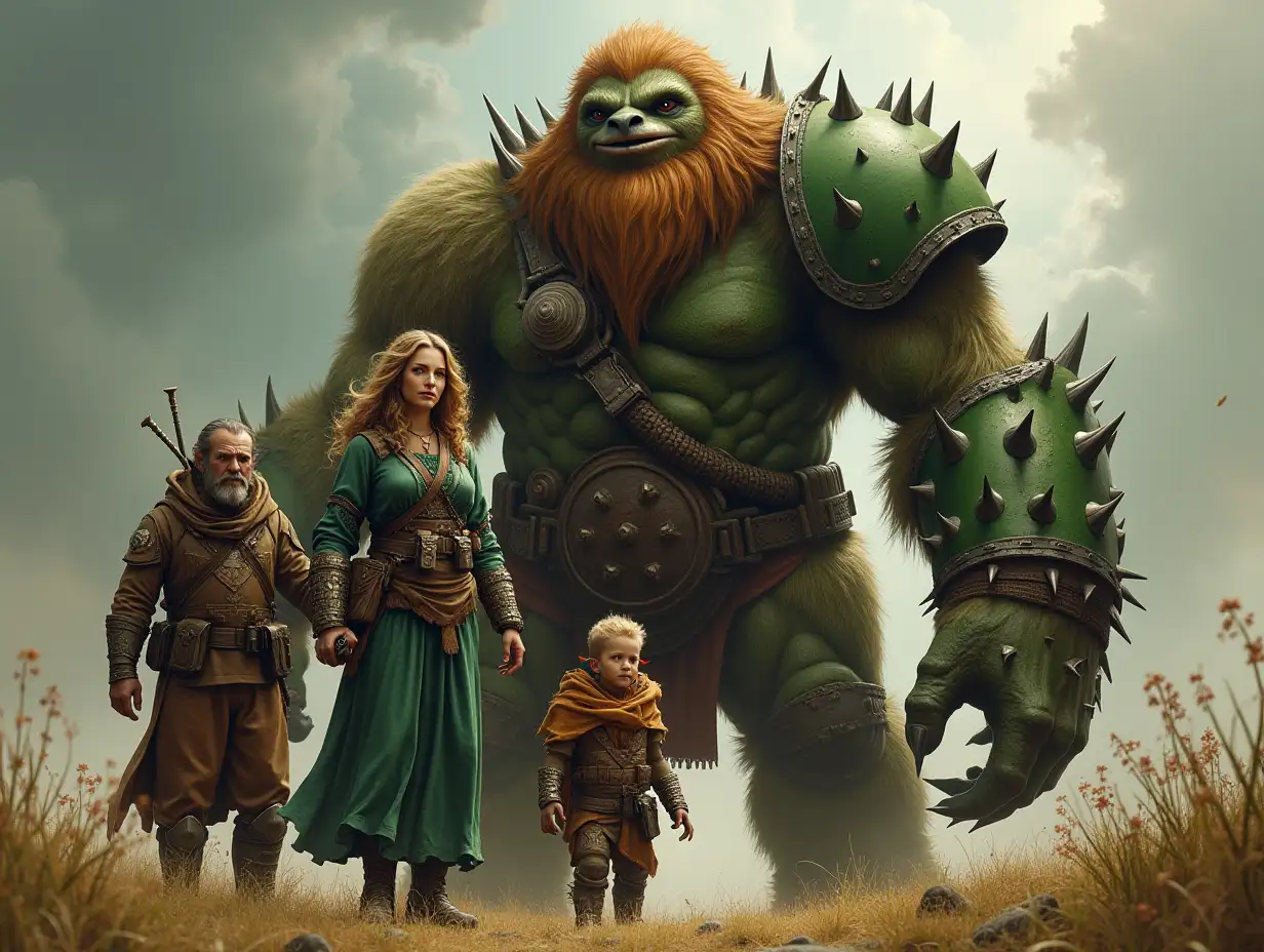 Ki-Fantasy family,Man,Woman, and Children, giant sloth face with beard and green armor equipment