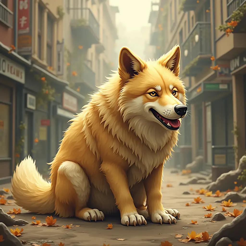  image of a golden wolf in humorous situations and random locations 