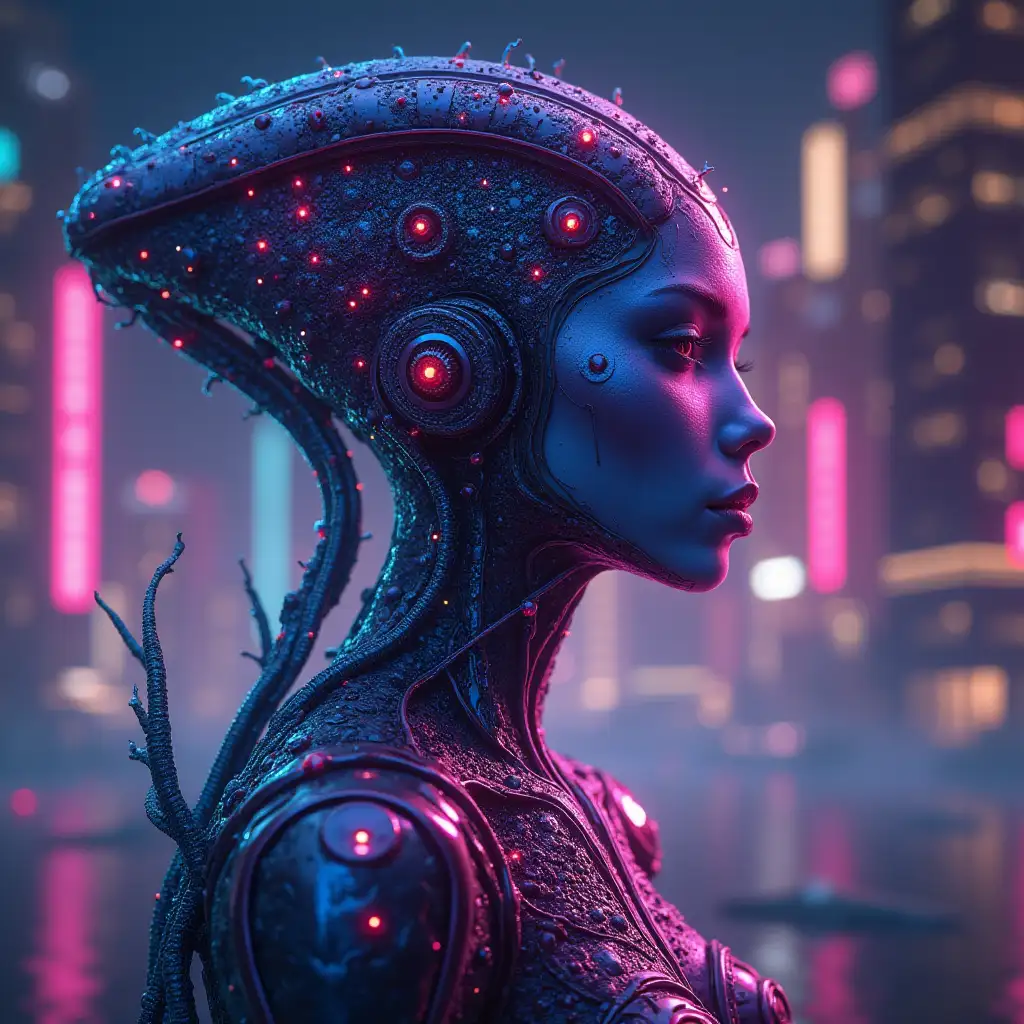 user_prompt: Hyperrealistic of a beautiful alien queen future style that is intricately detailed, colorful and night lights background