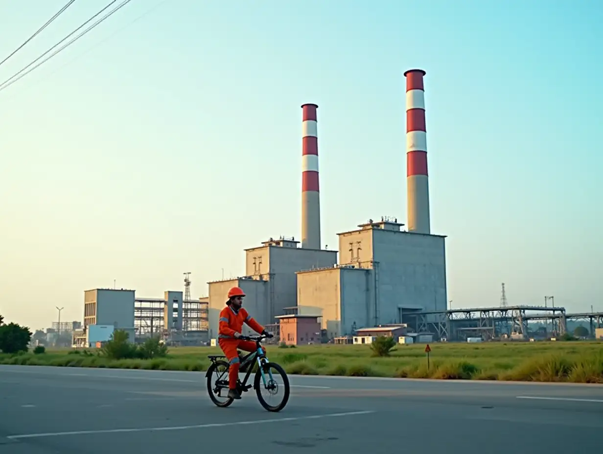 wide angle camera. Indonesian steam power plant with 2 red striped chimneys against a clear afternoon sky. Include in the foreground a person wearing orange safety clothing and a work safety helmet, riding a bicycle across the power plant area, indicating movement and activity in the plant environment. RAW. Ultra HD quality, realistic