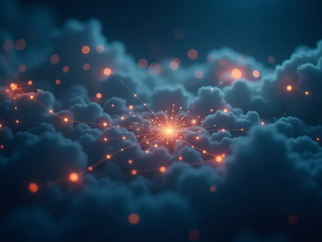 Replace the clouds in the background of the image with a glowing network of interconnected nodes and lines, representing a digital neural network. The nodes should be various sizes and colors, some brighter than others, to create a sense of depth and complexity. The lines connecting the nodes should be thin and subtly pulsing with light, suggesting data flow and connectivity. The overall effect should convey a sense of cutting-edge technology and the power of digital networks.