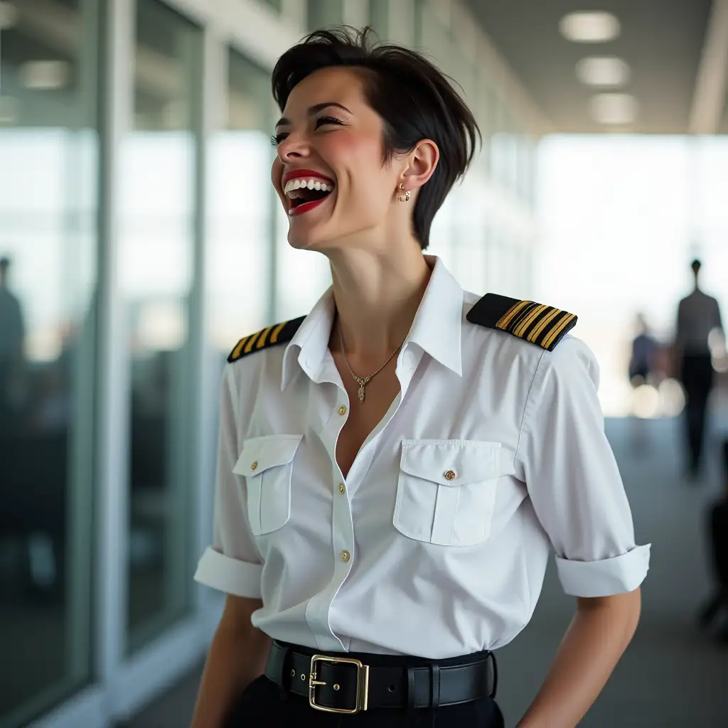 white norvegian pilot lady, in white deep-necked pilot shirt, laughing with her mouth open, red lipstick accentuating her smile,belt on waist, big wide hips, chest are fully grown, jewerly, short hair, HD, enjoying at airport , photo-realism