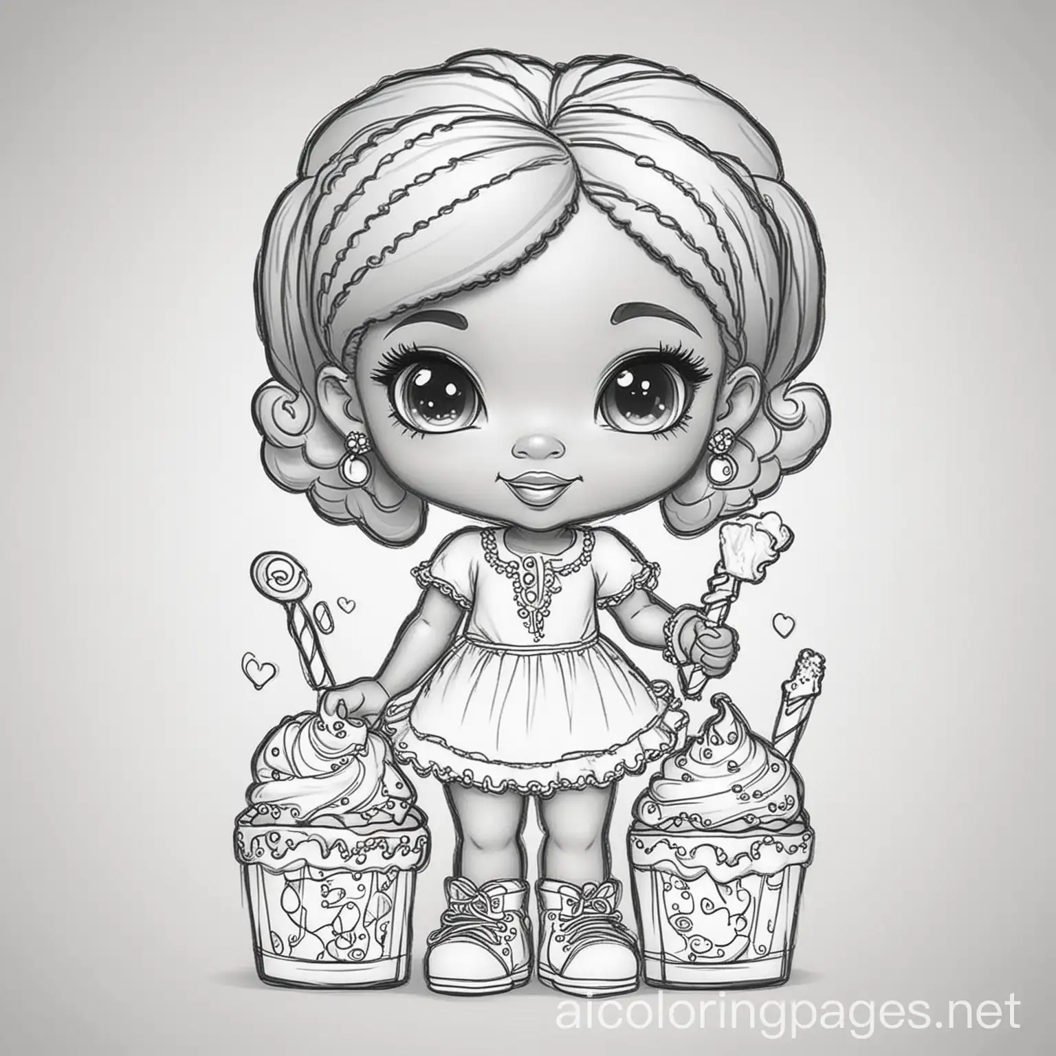 Chibi-African-American-Woman-with-Sweet-Treats-Coloring-Page