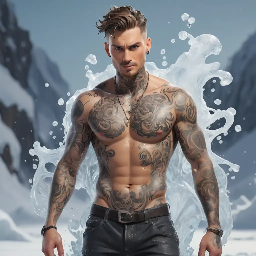 Tattooed-Man-Dousing-Himself-with-Icy-Water-on-Snowdrifts