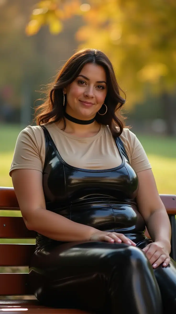 Confident-Curvy-Woman-in-Autumn-Sunlight-on-Park-Bench