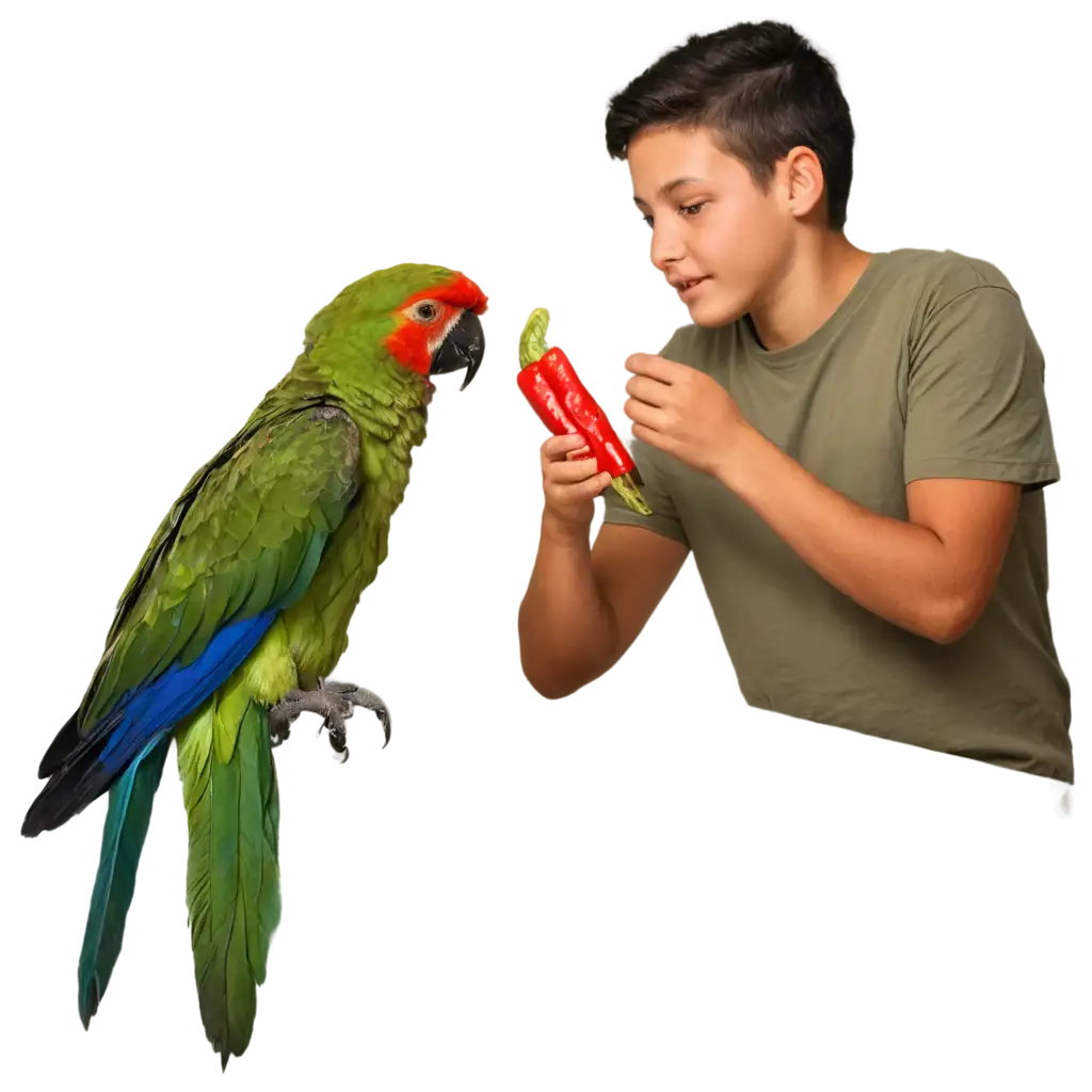 Boy-Feeding-Chillies-to-a-Parrot-HighQuality-PNG-Image-for-VibrPNG-Image-Usage-Scenariosant-Illustrations