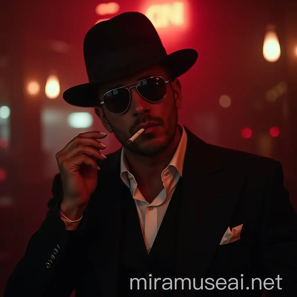 Stylish Male Gigolo in Fedora Hat and Armani Suit Smoking in Nightclub