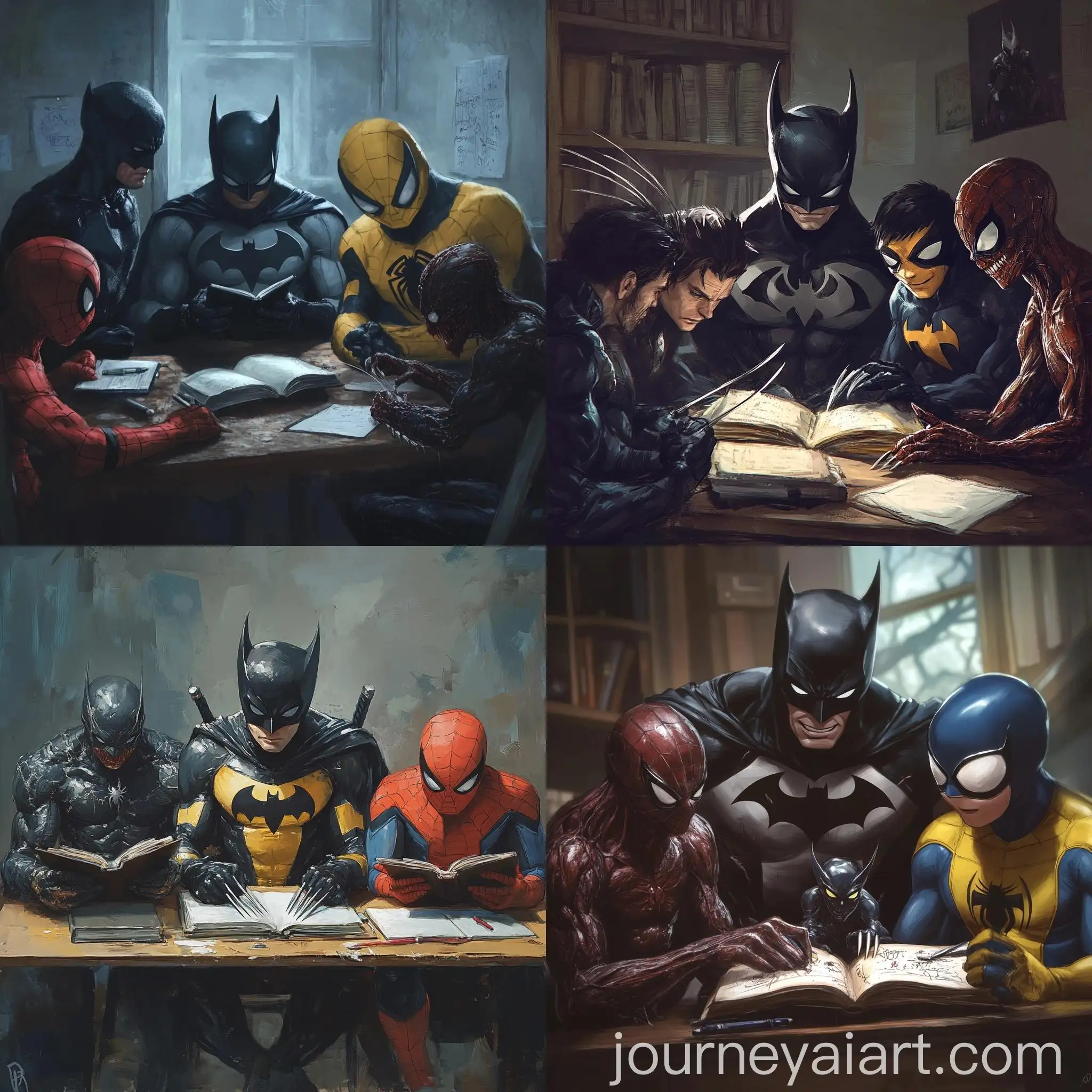 Superheroes-Studying-Together-Batman-Wolverine-Ben-10-and-Symbiote-SpiderMan