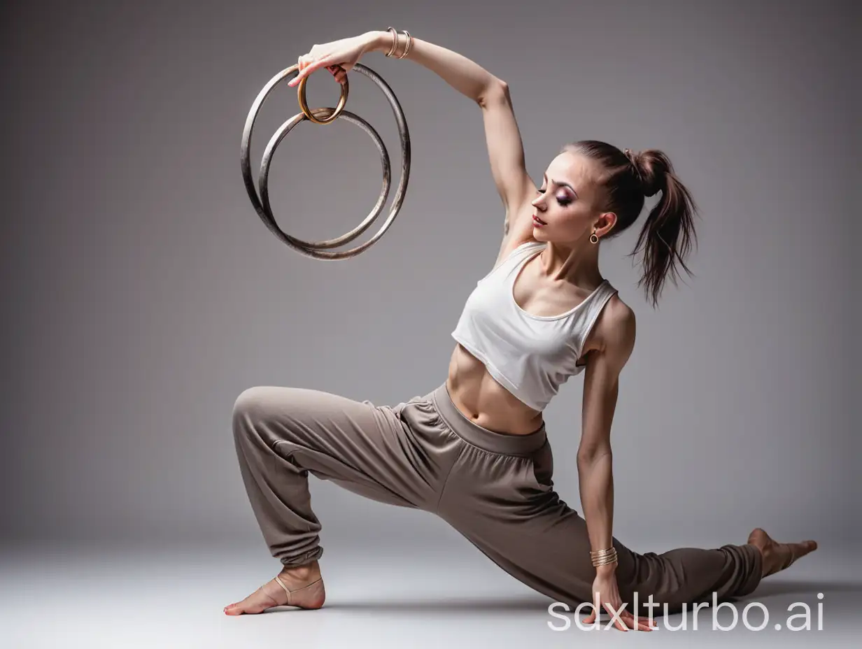 A dancer in loose pants and a sleeveless top, doing limber and flexible dancing poses with two rings the size of her head. Artistic pose and picture angle.