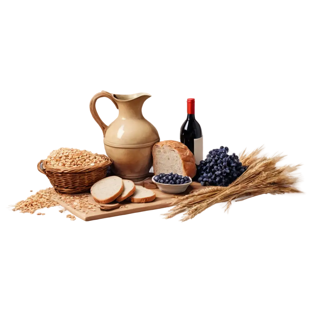 Exquisite-PNG-Image-Depiction-of-Split-Bread-Wine-Jug-Wheat-Grain-and-Grapes-from-the-Time-of-Jesus