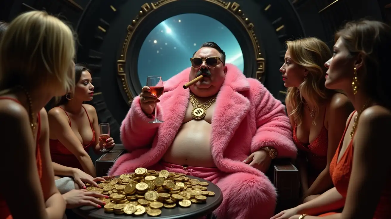 Extravagant-Space-Villain-in-Pink-Pimp-Outfit-Surrounded-by-Wealth-and-Women