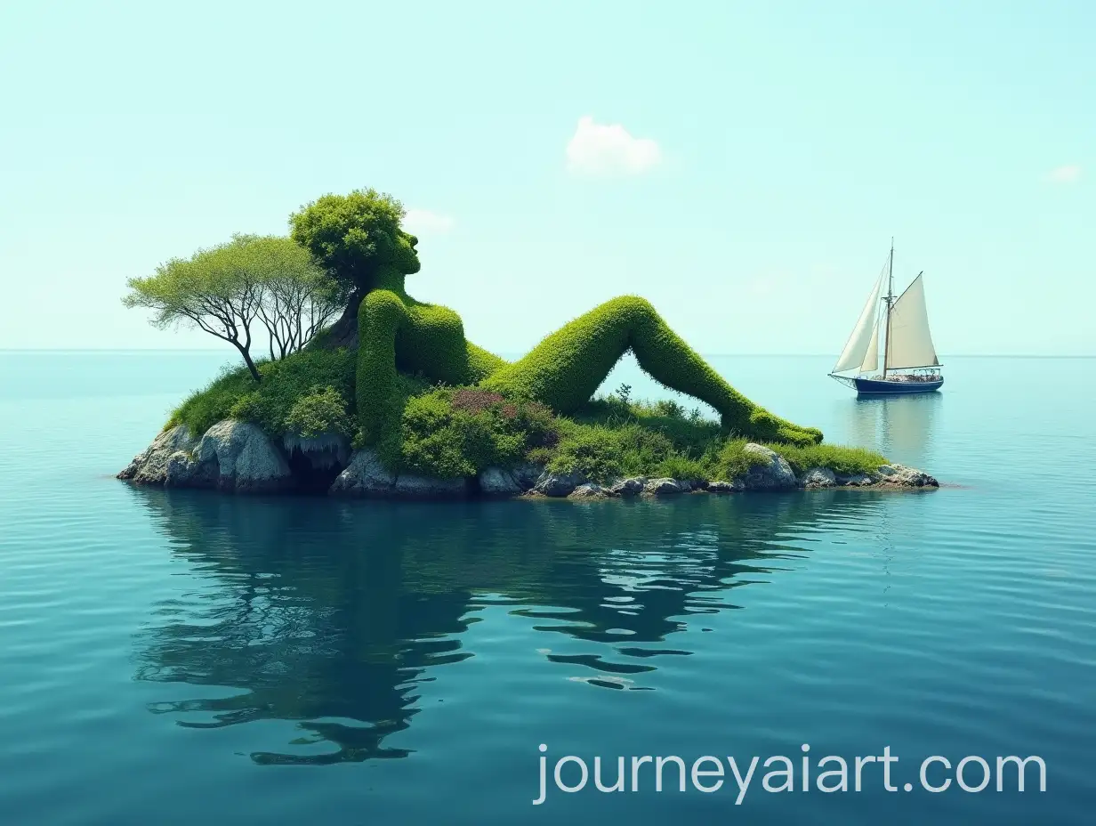 Uninhabited-Island-Shaped-Like-a-Reclining-Woman-Surrounded-by-Ocean-and-Sailboat