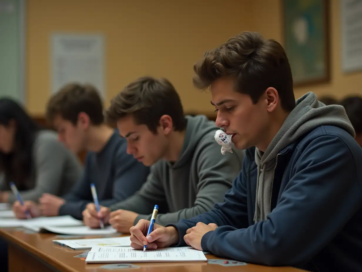 A tense examination hall with students writing on their answer sheets. One student stands out, confidently chewing gum (same flavor as in the study scene), recalling information while writing. The scene highlights the connection between gum and memory.