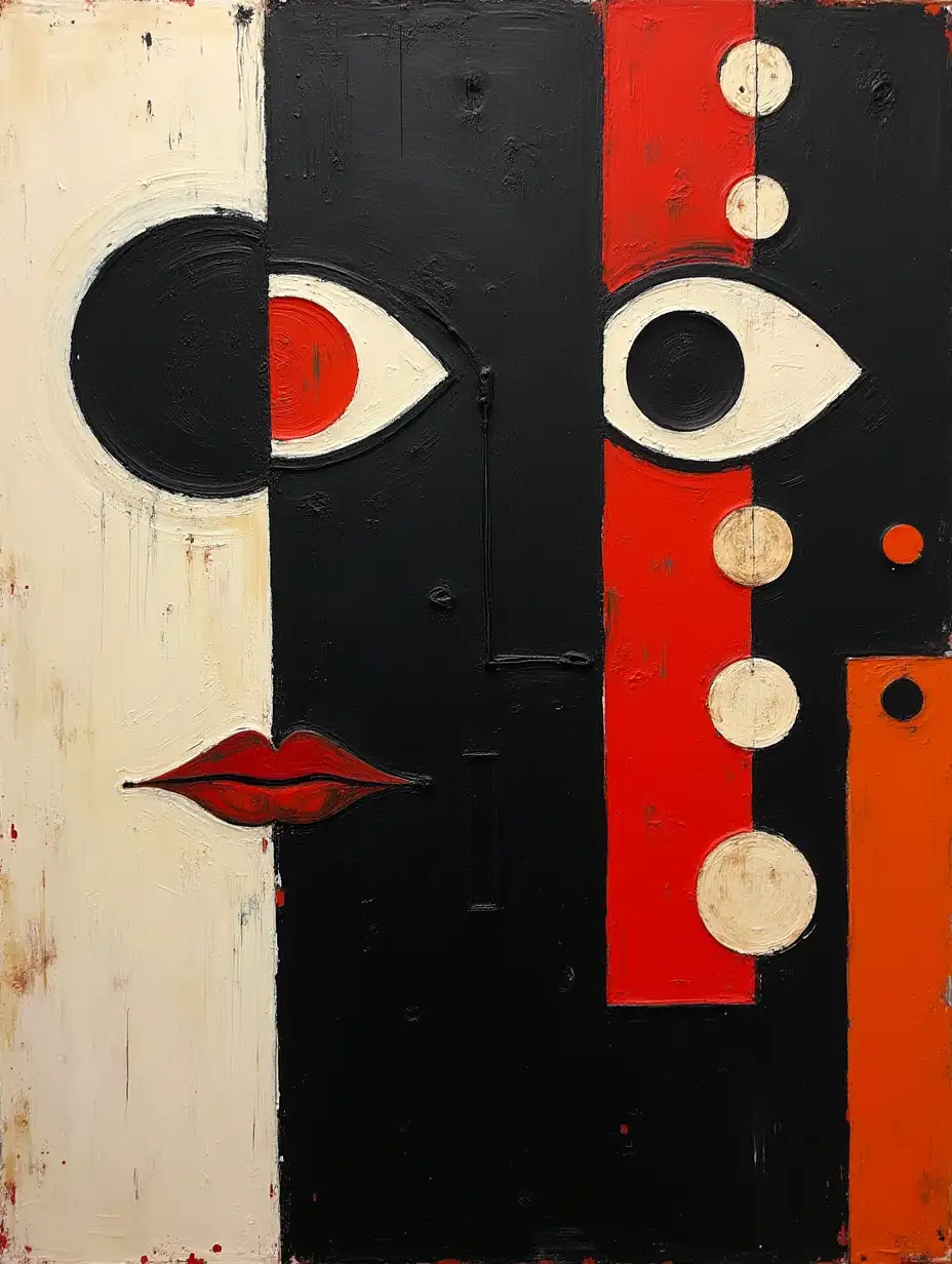 checkerboard pattern, strip, primitive schematic, minimalism, avant-garde, silhouette, face, huge looming eye, darkness in the style of Kandinsky, Malevich, minimalism, simplify for a beginner artist with acrylics many colors, constructivism abstractionism, gloomy