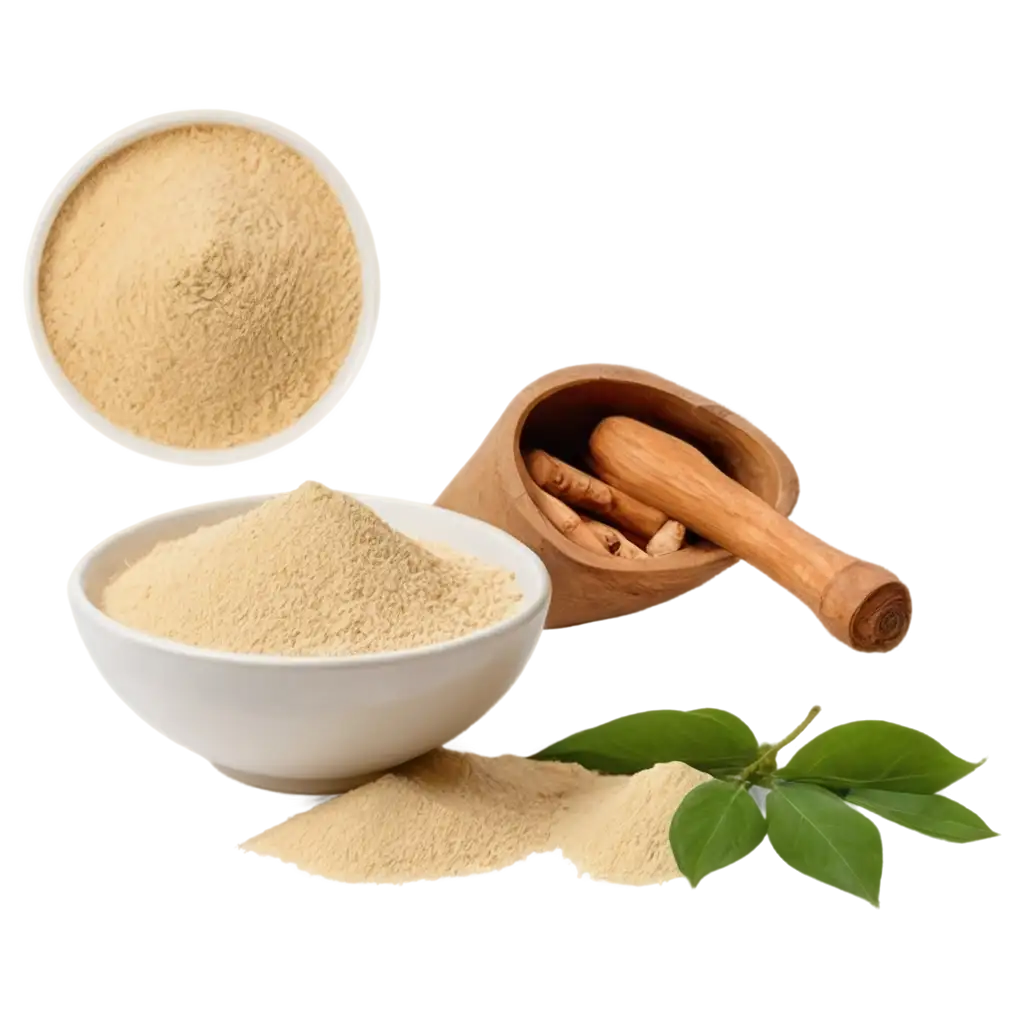 Create an image of ashwagandha powder, in a white bowl