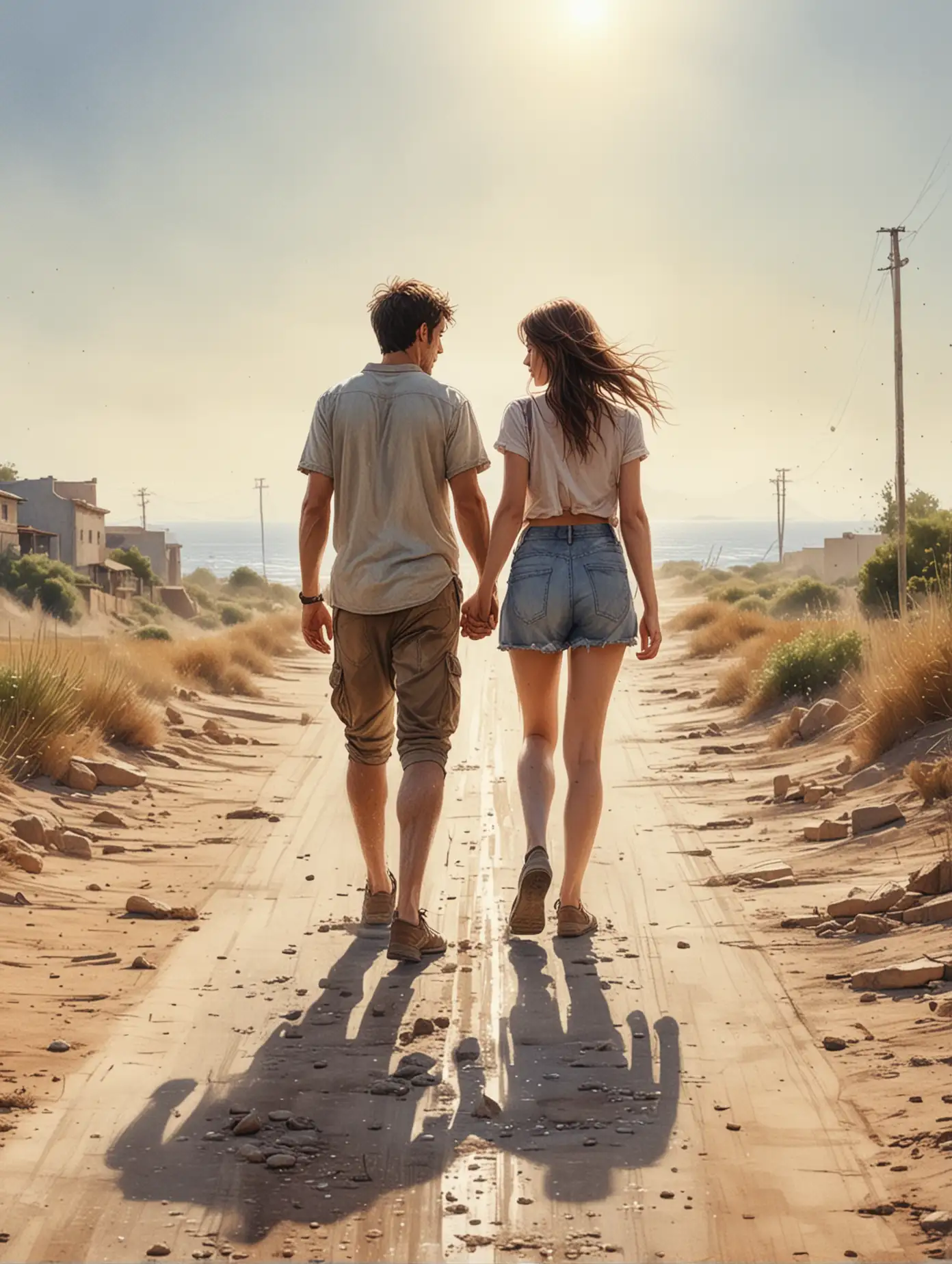 Young-Couple-Walking-on-a-Dusty-Road-to-the-Sea-in-Summer-Heat