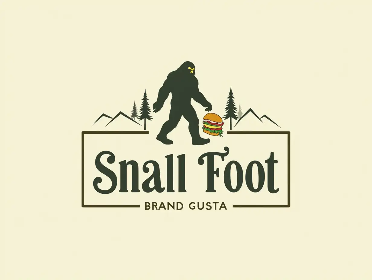 Create a professional and modern logo for the “Small Foot” brand, reflecting a harmonious blend of nature and high-quality food. The logo should include a sophisticated representation of Bigfoot, integrated with elements symbolizing gourmet cuisine (such as a stylized sandwich), while maintaining an elegant and refined appearance.  The design should feature natural elements like trees and mountains in a minimalist, clean style, emphasizing the brand’s connection to California’s rich landscapes.  Use a contemporary and legible typography style that strengthens brand identity across various platforms. The color palette should include earthy, natural tones to convey authenticity, sustainability, and quality, making it suitable for branding, packaging, and digital applications.