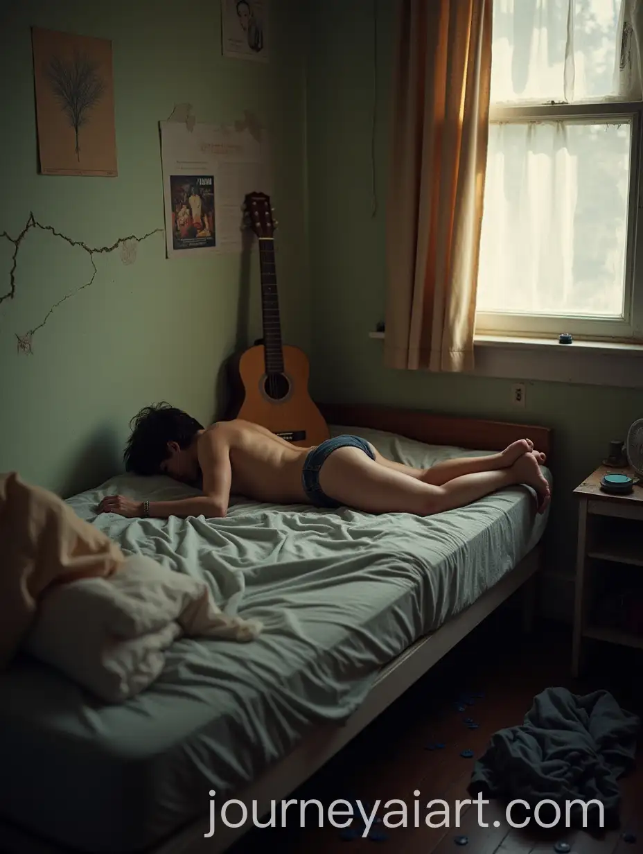 Person-Relaxing-on-a-Mattress-in-a-Cramped-Bedroom-with-Acoustic-Guitar-and-Dusty-Decor