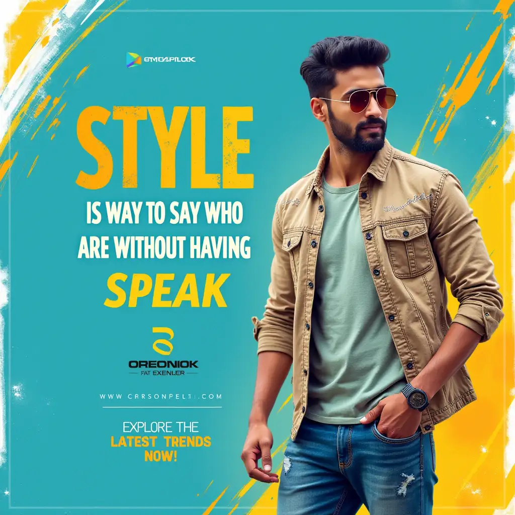 Create a vibrant and eye-catching social media post for a men's apparel shop. The design features an Indian man in a stylish casual outfit—think a modern, well-fitted shirt and jeans with subtle ethnic touches. The background is colorful and dynamic, incorporating vibrant shades of blue, yellow, and orange with abstract patterns or geometric shapes that convey energy and style. Include the text:   'Style is a way to say who you are without having to speak.'   Add the shop's logo and a call-to-action like 'Explore the latest trends now!' in a bold, clear font at the bottom of the design.