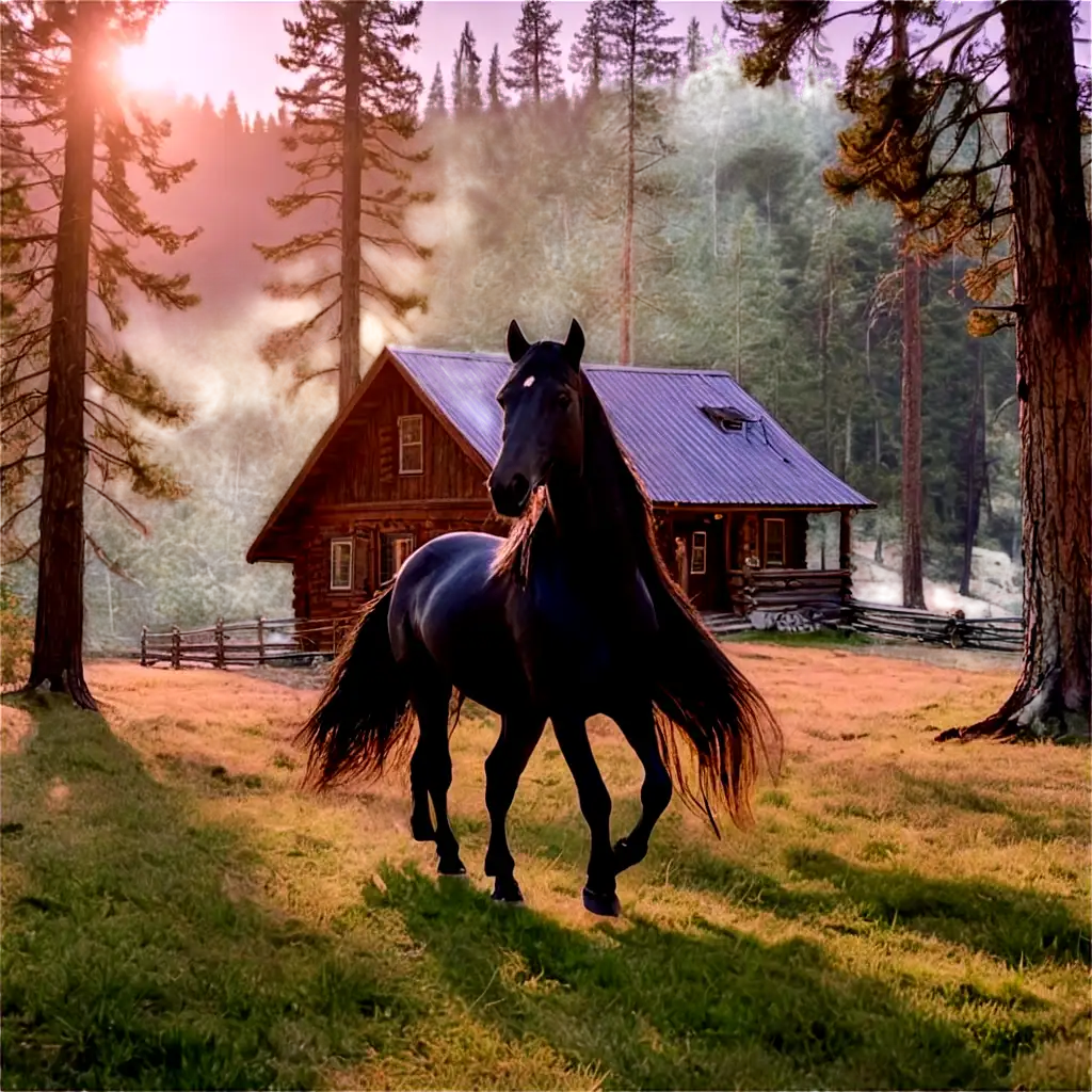 Cabin in the forest with Nevada with a black horse with long hair with the morning sun on the mountain and the house