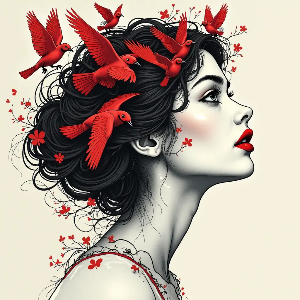 A captivating and intricate illustration of a woman's profile, her eyes open in wonder and her lips painted a bold red. Her face is delicately entwined with an array of birds, depicted with remarkable detail, some in flight and others perched gracefully. The harmonious blend of red, black, and grey tones creates a striking contrast, highlighting the interplay between the woman's strength and the delicate beauty of the surrounding nature.