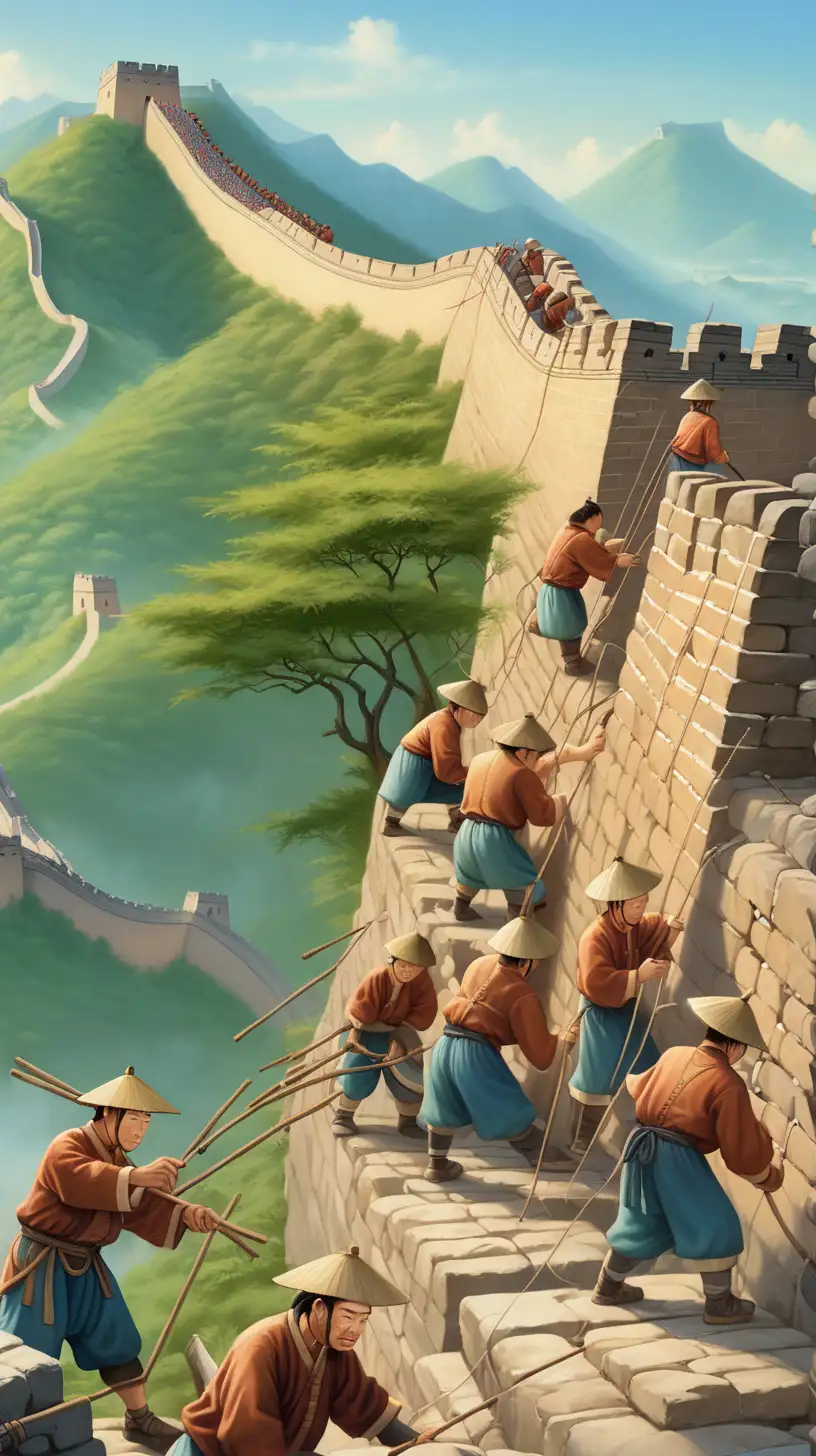 Ancient Chinese Workers Building the Great Wall of China in Lush Green Hills