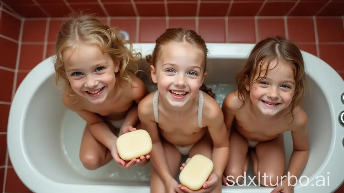 Mother-Washing-Three-Adorable-Blond-Little-Girls-in-Preschool-Bathtub