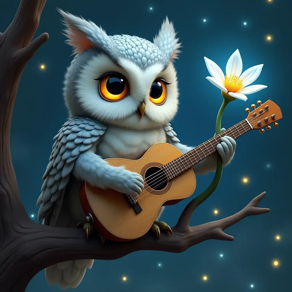 Ollie the Owl, a wise owl with silvery-gray feathers and golden eyes, perched on a tree branch playing steampunk klimt guitar. Moonflower, a silvery-white flower that glows in the night with pale blue light. Festive Celebration time,