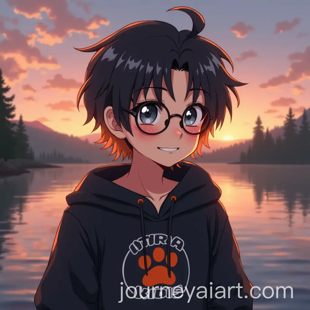 Anime-Boy-with-Broken-Glasses-Smiling-at-Sunset-Lake
