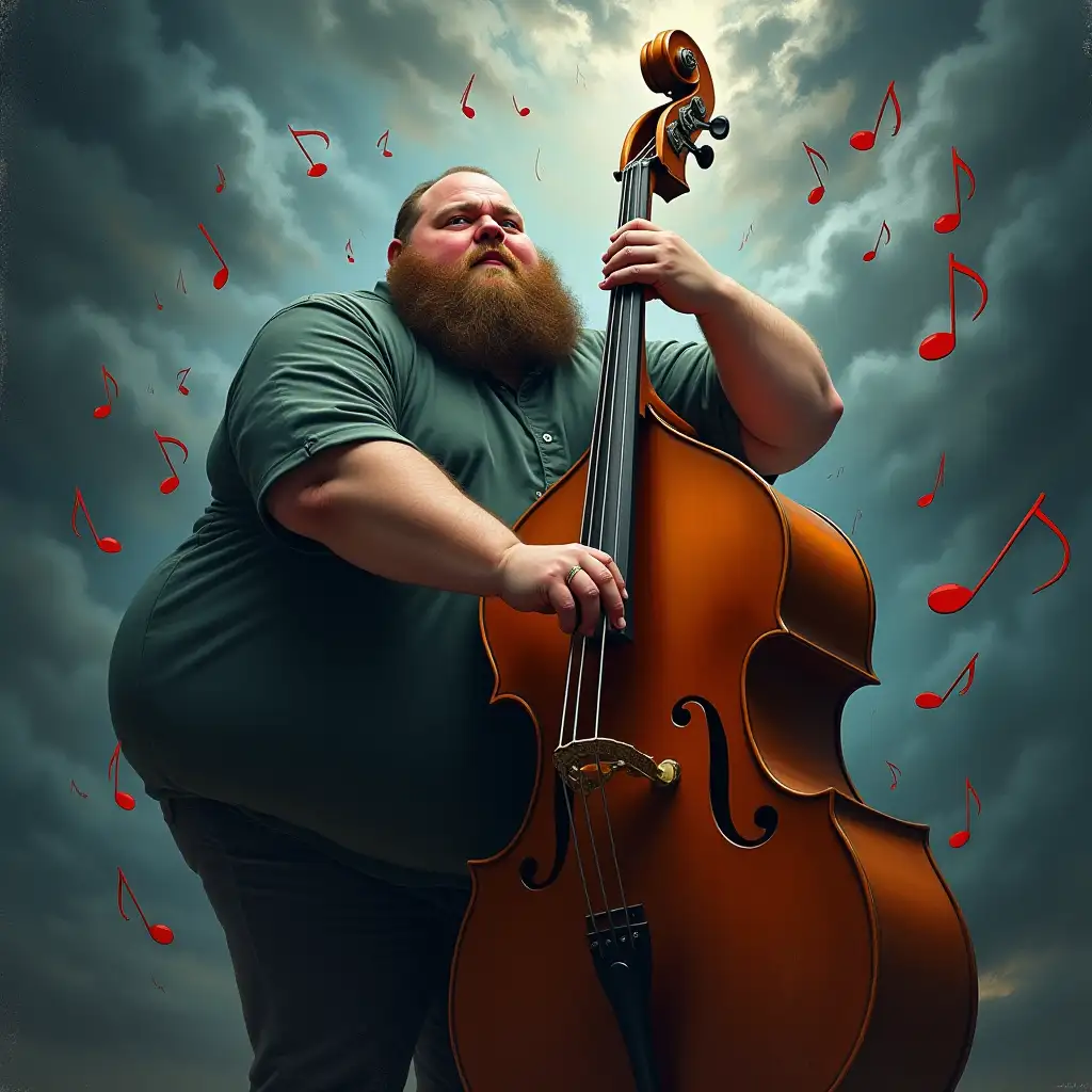 The dreamart painting is a fat guy playing the double bass, notes are flying around him, in a whirlwind of music, the background is a stormy sky