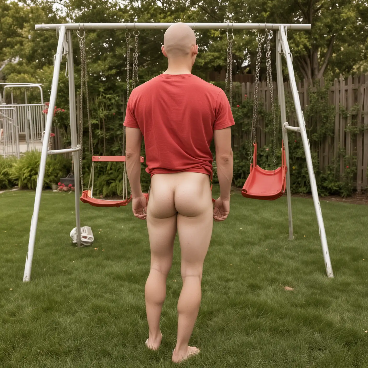 Young-Man-Standing-in-a-Grassy-Yard-by-Swing-Set-and-Slide