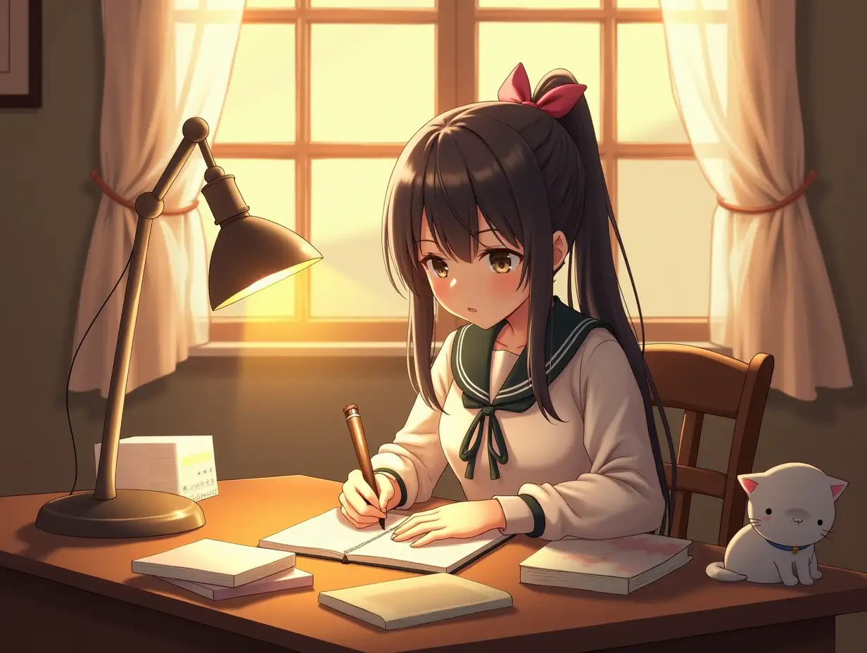 Cozy-Study-Scene-with-Young-Girl-and-Cat-in-Anime-Style