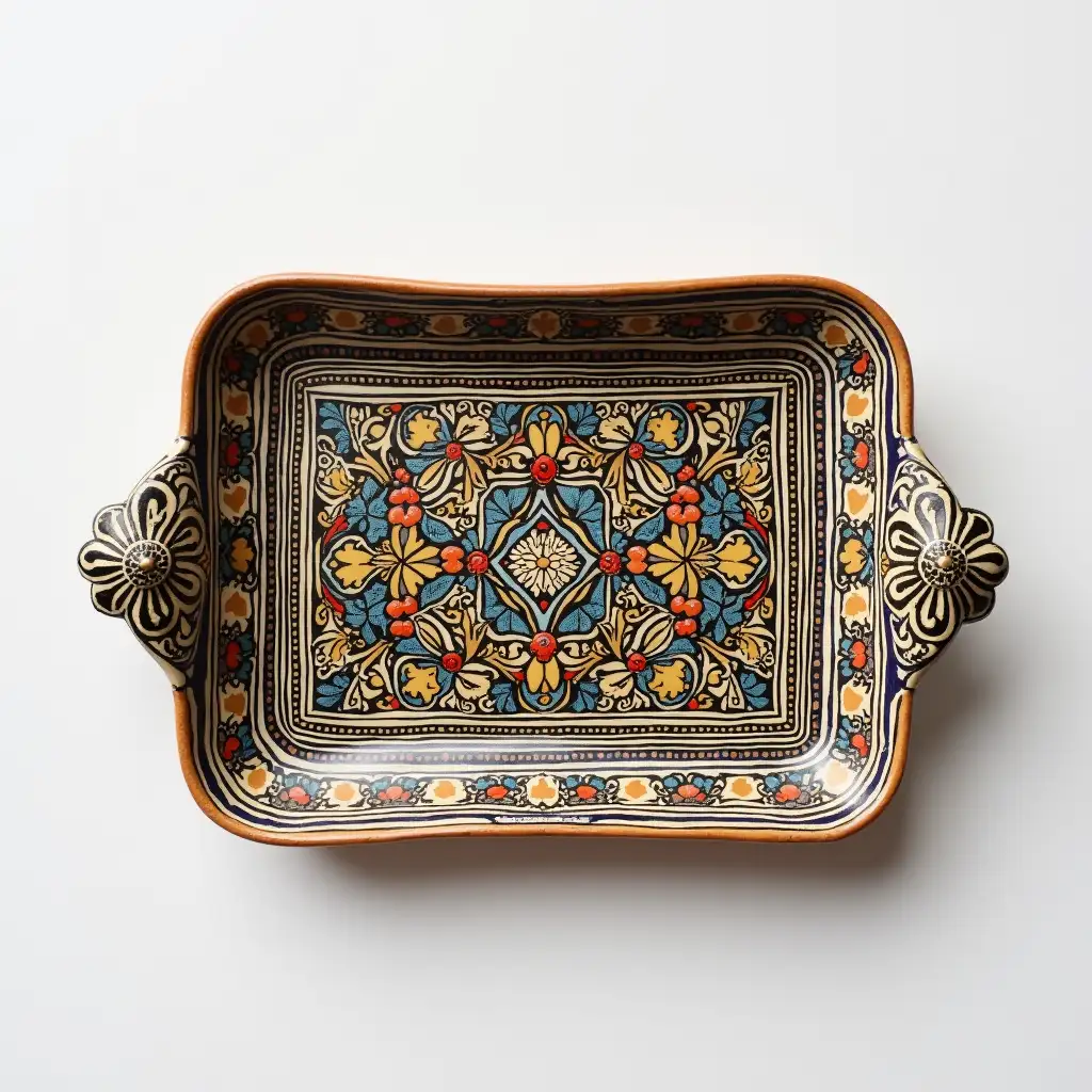 Square with rounded corners ceramic serving dish withe embossed beautiful handle, antique and old, Qajar art, Iranian Tabriz carpet design