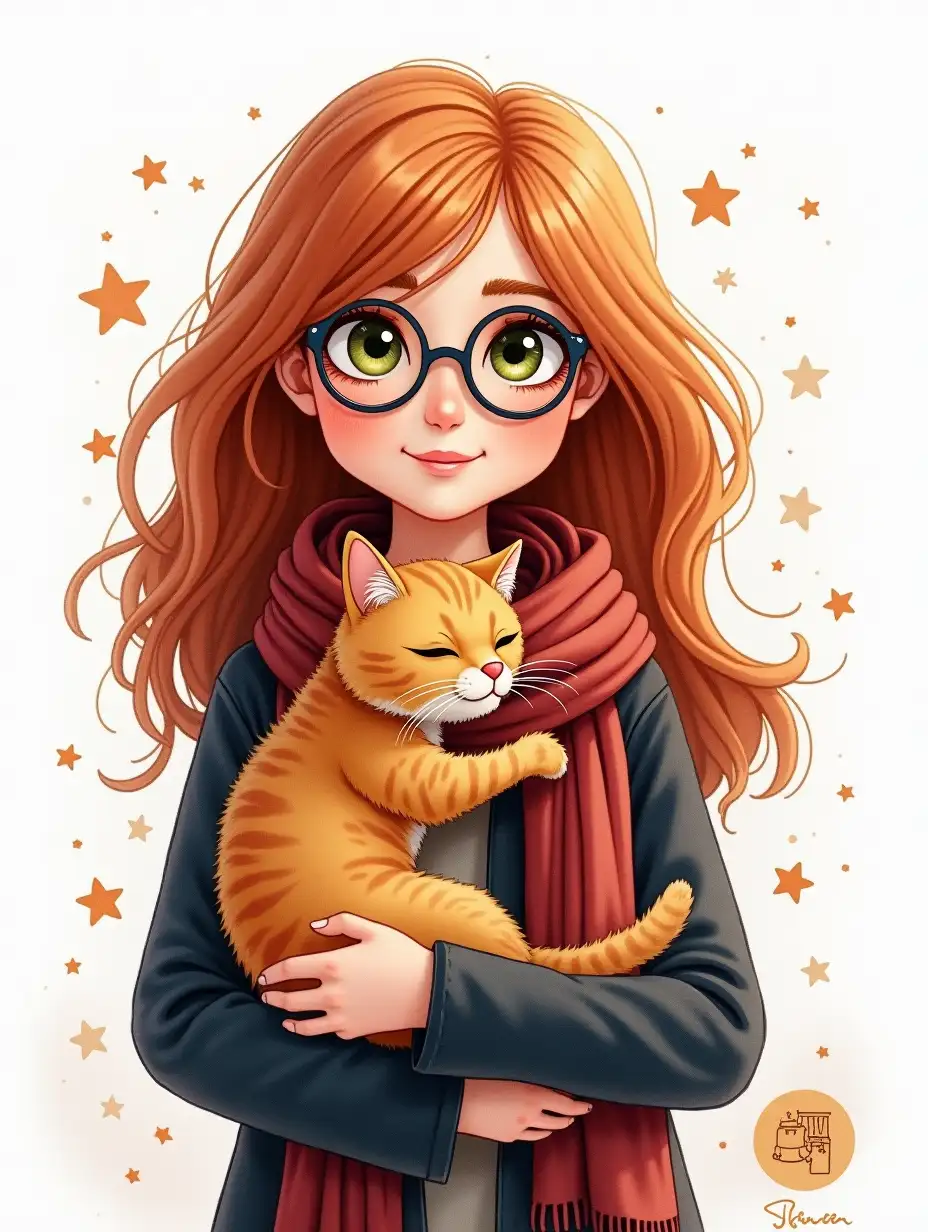 Detailed 3d watercolor illustration of a girl looking like Harry and Ron's friend wearing a scarf, ginger cat in her arms, magical elements, white background, airbrush, logo in a circle