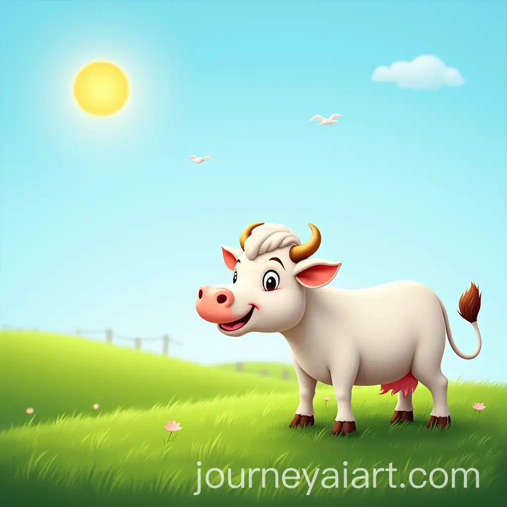 Peaceful-White-Cow-Grazing-in-Lush-Green-Meadow-Under-Sunny-Sky