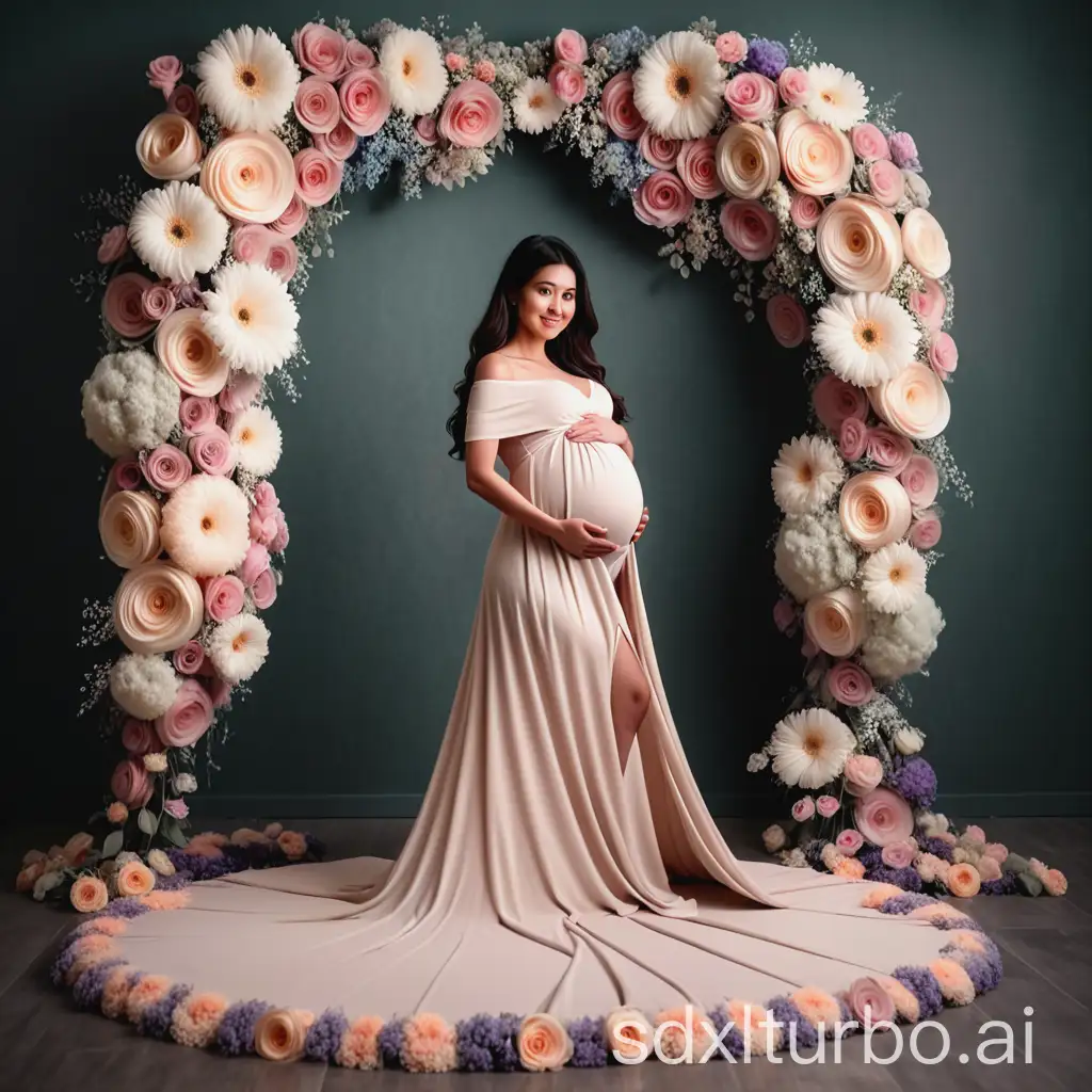 maternity lady wearing long tale gown made with flowers eleg studio with flowers backdrop