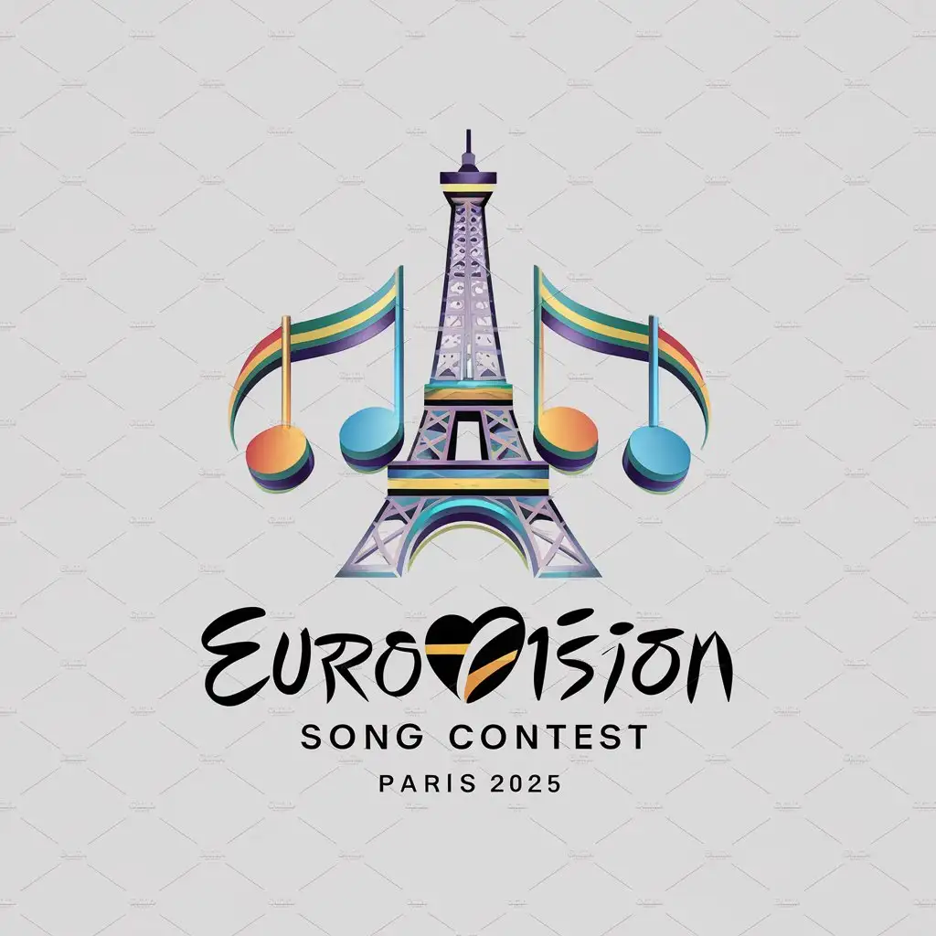 a vector logo design,with the text "Eurovision Song contest Paris 2025", main symbol:Eiffel tower with musical notes 3d rainbow disco colors,complex,be used in Technology industry,clear background