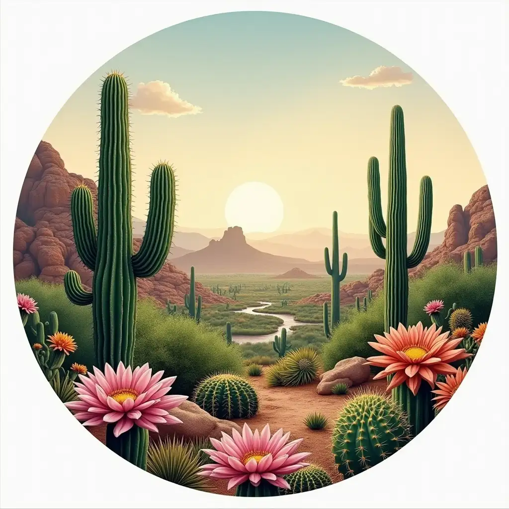 Realistic Cactus Landscape with Flowers in Mexico